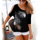 Women Short Sleeve Print Blouse Summer O-Neck Loose Sexy Off Shoulder