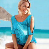 Women Short Sleeve Print Blouse Summer O-Neck Loose Sexy Off Shoulder