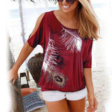 Women Short Sleeve Print Blouse Summer O-Neck Loose Sexy Off Shoulder