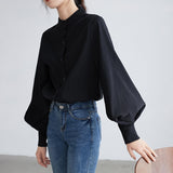 Big Lantern Sleeve Blouse Women Single Breasted Stand Collar Shirt