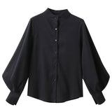 Big Lantern Sleeve Blouse Women Single Breasted Stand Collar Shirt