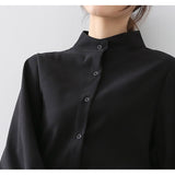 Big Lantern Sleeve Blouse Women Single Breasted Stand Collar Shirt