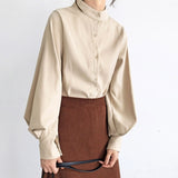 Big Lantern Sleeve Blouse Women Single Breasted Stand Collar Shirt