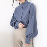 Big Lantern Sleeve Blouse Women Single Breasted Stand Collar Shirt