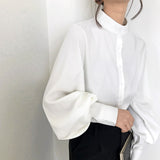 Big Lantern Sleeve Blouse Women Single Breasted Stand Collar Shirt