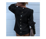 Women Metal Buttons Long Sleeve Blouse Office Casual Print Tops