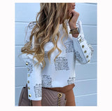 Women Metal Buttons Long Sleeve Blouse Office Casual Print Tops