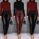 Hirigin Belt High Waist Pencil Pant Women Faux Leather PU Sashes Trousers