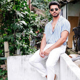 Men Summer Shirts Stripes Short Sleeve Shirt Striped Button Down