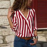 Women Striped Blouse Long Sleeve Blouse V-neck Casual Tops