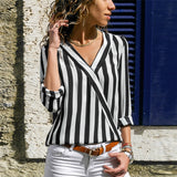 Women Striped Blouse Long Sleeve Blouse V-neck Casual Tops