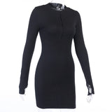Elegant Solid Party Dress Half-Zip Long Sleeve Rib Bodycon