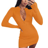Elegant Solid Party Dress Half-Zip Long Sleeve Rib Bodycon