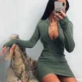 Elegant Solid Party Dress Half-Zip Long Sleeve Rib Bodycon