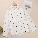 Women's Birds Print Shirts Blouses Cotton Linen Long Sleeve