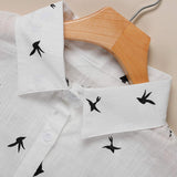 Women's Birds Print Shirts Blouses Cotton Linen Long Sleeve