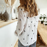 Women's Birds Print Shirts Blouses Cotton Linen Long Sleeve