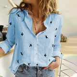 Women's Birds Print Shirts Blouses Cotton Linen Long Sleeve