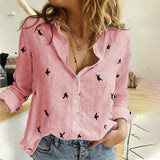 Women's Birds Print Shirts Blouses Cotton Linen Long Sleeve