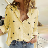 Women's Birds Print Shirts Blouses Cotton Linen Long Sleeve