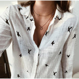 Women's Birds Print Shirts Blouses Cotton Linen Long Sleeve