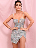LOVE & LEMONADE Sexy Tube Top Silver Cut Out Stretch Sequin Bodycon