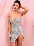LOVE & LEMONADE Sexy Tube Top Silver Cut Out Stretch Sequin Bodycon