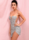 LOVE & LEMONADE Sexy Tube Top Silver Cut Out Stretch Sequin Bodycon
