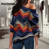 Women Blouses Off Shoulder Tops Striped Print Knitted Tops