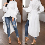 Women Ruffles Hem Blouse Elegant Lapel Neck Swallowtail Shirts