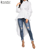 Women Ruffles Hem Blouse Elegant Lapel Neck Swallowtail Shirts