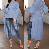 Women Ruffles Hem Blouse Elegant Lapel Neck Swallowtail Shirts