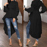 Women Ruffles Hem Blouse Elegant Lapel Neck Swallowtail Shirts