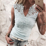 Women Summer Lace Solid Sleeveless Casual Tank Hollow Back Shirt