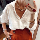 2020 Women White Shirt Elegant Long Sleeve Dot Mesh Office Shirt