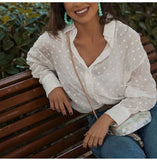 2020 Women White Shirt Elegant Long Sleeve Dot Mesh Office Shirt