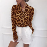 Vintage Blouse Long Sleeve Sexy Leopard Print Blouse Turn Down Collar