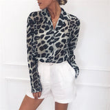 Vintage Blouse Long Sleeve Sexy Leopard Print Blouse Turn Down Collar