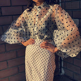 Women Polka Dot Retro Blouse Lady Early Autumn Modern Mesh Shirt
