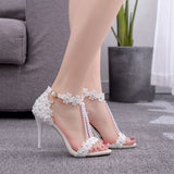 Women Sandals White Lace Flowers Pearl Tassel Bridal 9cm Heel Fine High Heels Slender