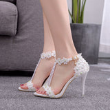 Women Sandals White Lace Flowers Pearl Tassel Bridal 9cm Heel Fine High Heels Slender