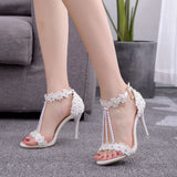 Women Sandals White Lace Flowers Pearl Tassel Bridal 9cm Heel Fine High Heels Slender