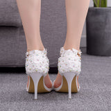 Women Sandals White Lace Flowers Pearl Tassel Bridal 9cm Heel Fine High Heels Slender