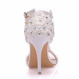 Women Sandals White Lace Flowers Pearl Tassel Bridal 9cm Heel Fine High Heels Slender