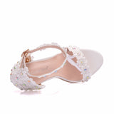 Women Sandals White Lace Flowers Pearl Tassel Bridal 9cm Heel Fine High Heels Slender
