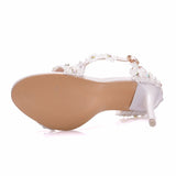 Women Sandals White Lace Flowers Pearl Tassel Bridal 9cm Heel Fine High Heels Slender