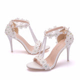 Women Sandals White Lace Flowers Pearl Tassel Bridal 9cm Heel Fine High Heels Slender