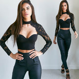 Women Summer elegant black lace crochet crop top hollow out shirt tops