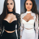 Women Summer elegant black lace crochet crop top hollow out shirt tops