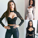 Women Summer elegant black lace crochet crop top hollow out shirt tops